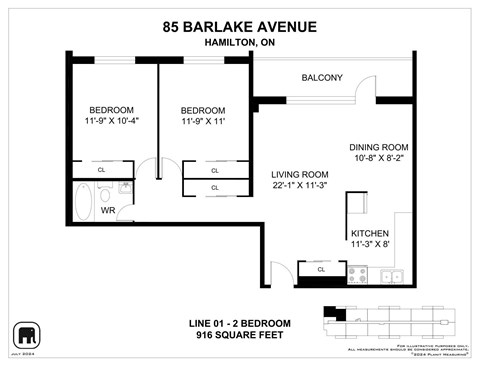 Floor plan for 2 beds, 1 bath, 916 sqft